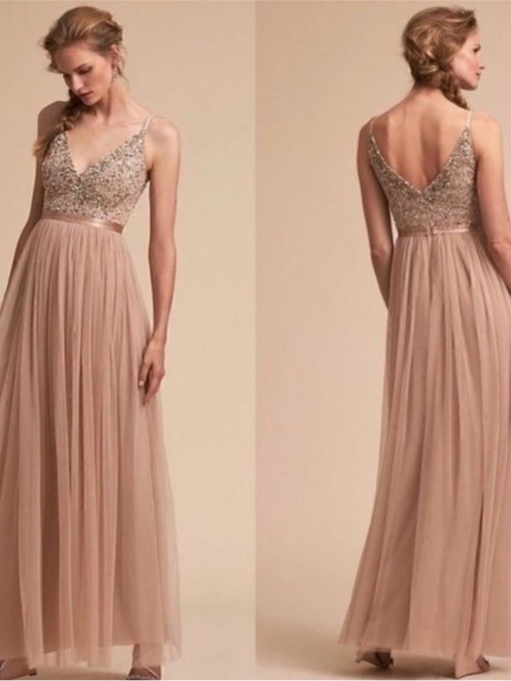 BHLDN Champagne Blush Beaded V‑Neck Tulle Gown